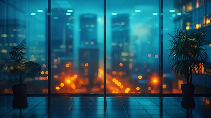 Poster - modern office interior overlooking city skyline at night with soft ambient lighting