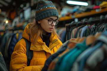 Wall Mural - Young woman in a yellow jacket is looking at used clothes in a store