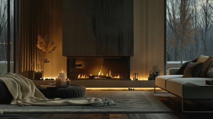 Poster - A modern living room with a fireplace glowing warmly against a backdrop of a wintery view. Soft lighting and plush furniture create a comfortable and inviting atmosphere.