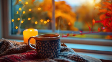 Poster - A steaming mug of tea sits on a blanket in front of a window, overlooking an autumn scene. A candle glows nearby, casting warm light on the cozy setting. The view outside is blurred, but the colors of