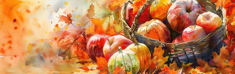 Aufkleber - A watercolor painting depicts a basket overflowing with apples and pumpkins, surrounded by colorful autumn leaves. The vibrant colors of the fruit and foliage create a warm and inviting scene.
