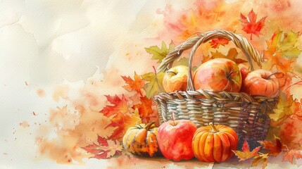 Aufkleber - A watercolor painting depicts a wicker basket overflowing with red and yellow apples, surrounded by fall foliage. There are two small pumpkins resting beside the basket, and a single red apple sits be