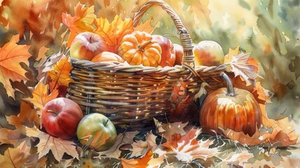 Poster - A wicker basket overflowing with ripe apples, pumpkins, and other fall fruit and vegetables rests on a bed of golden leaves. The sunlight shines through the leaves, highlighting the vibrant colors of 