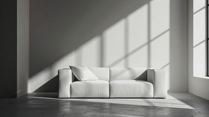 Poster - Contemporary minimalist living room with a sunlit white sofa casting geometric shadows on the wall
