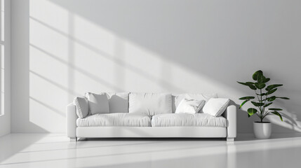 Poster - Modern living room with a white sofa and a green plant, illuminated by natural sunlight
