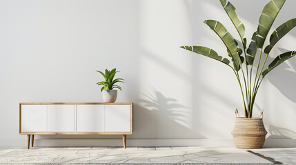 Poster - Sunlight shining through window and casting shadows of plant on white wall in minimalist living room