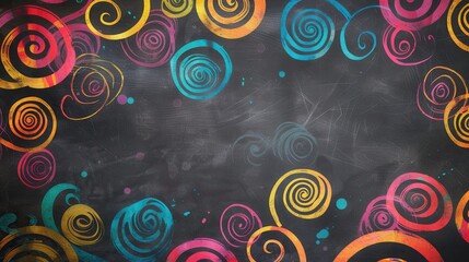 Aufkleber - A chalkboard filled with vibrant spirals and abstract shapes, showcasing children's creativity during an art activity in a lively environment. Generative AI