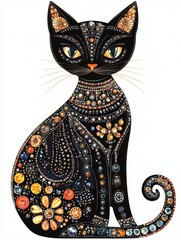  Black cat illustration with colorful gemstones, perfect for textile print ideas.
