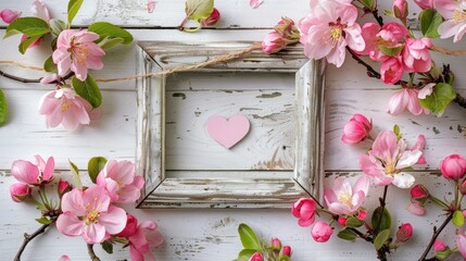 Sticker - Photo of pink apple blossoms and heart in empty old frame on white wooden background Top view