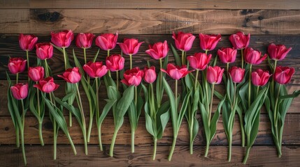 Wall Mural - Tulips arranged on wooden backdrop View from above