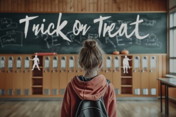 Wall Mural - Spooky School Collage: Photos of a haunted school with ghost students, lockers, and classrooms. The text 