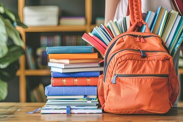 Poster - a backpack sitting on top of a table next to a pile of books