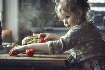 Canvas Print - a little girl is cutting tomatoes on a cutting board