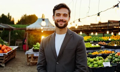 Wall Mural - Full-length portrait video of a satisfied man in his 20s wearing a classic blazer against a farm market or harvest background