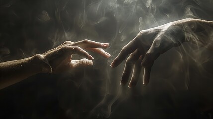 Poster - Connection Between Two Hands Reaching Out Amidst Ethereal Smoke in Dim Lighting