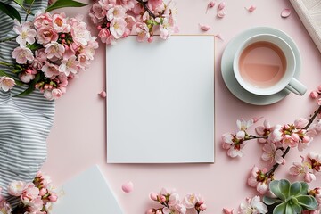 White sheet mockup of paper with a cup of tea and a bunch of pink flowers on table