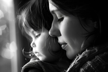 a black and white photo of a woman and a child