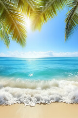 Poster - A serene tropical beach features pristine blue waters, gentle waves, and lush palm trees swaying under a bright sun, perfect for relaxation and fun