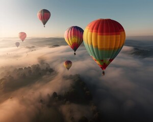  Colorful hot air balloons floating over a misty