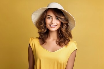 Wall Mural - A portrait of a beautiful woman in summer outfit on a plain background