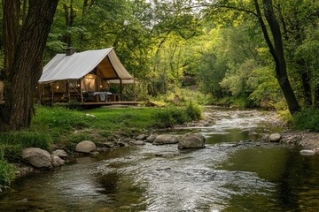 wooden cabin beside a serene river in a lush forest
