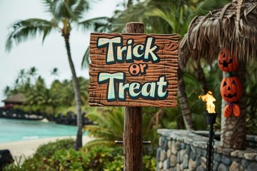 Wall Mural - Tropical Halloween Collage: Images of a Halloween celebration on a tropical island with palm trees, tiki torches, and beach decorations. The text 