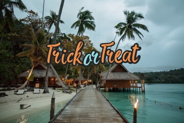 Wall Mural - Tropical Halloween Collage: Images of a Halloween celebration on a tropical island with palm trees, tiki torches, and beach decorations. The text 