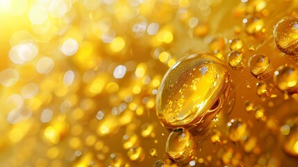 Poster - close-up view of glimmering water droplets on golden liquid surface in bright light