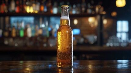 Poster - A chilled beer bottle with droplets of condensation, standing on a bar counter.