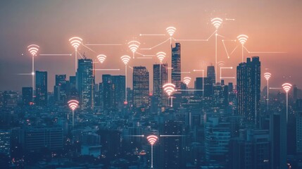 Fototapete - A city skyline with digital icons representing wireless communication networks.