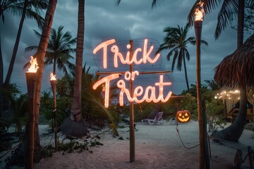 Wall Mural - Tropical Halloween Collage: Images of a Halloween celebration on a tropical island with palm trees, tiki torches, and beach decorations. The text 