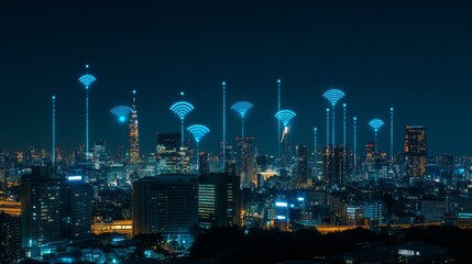 Wall Mural - A city skyline with digital icons representing wireless communication networks.