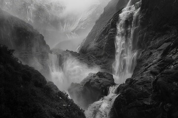 a black and white photo of a waterfall