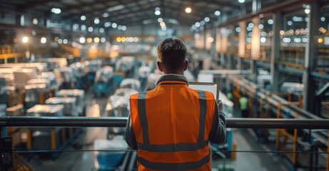 Poster - Worker supervising industrial factory production line with laptop for quality control