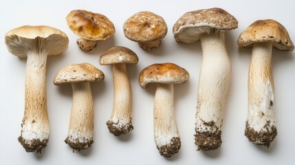 Aufkleber - A collection of Matsutake mushrooms, showing their varied sizes and shapes on a white background.