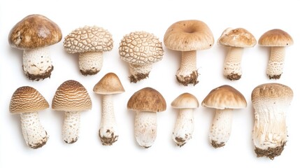 Aufkleber - A collection of Matsutake mushrooms, showing their varied sizes and shapes on a white background.