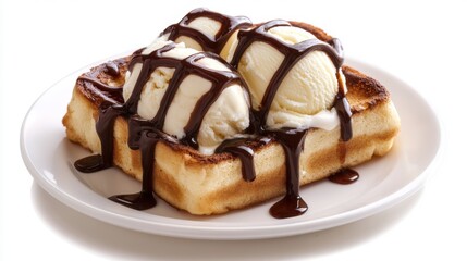 Poster - A delicious serving of honey toast with chocolate syrup and ice cream, isolated on a white background.