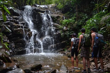 Wall Mural - a group of people standing in front of a waterfall