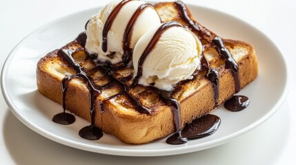 Poster - A delicious serving of honey toast with chocolate syrup and ice cream, isolated on a white background.