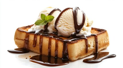 Poster - A delicious serving of honey toast with chocolate syrup and ice cream, isolated on a white background.