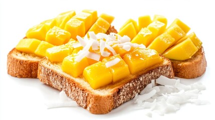 Poster - A delightful serving of honey toast with fresh mango slices and coconut flakes, isolated on a white background.