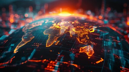 Poster - Advanced 3D Technology Visualization of Global Data Analytics Tool with Businesspeople Silhouettes at Night - Big Data, World Map, Digital Transformation