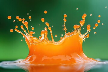 Wall Mural - Orange Liquid Splash with Droplets Against Green Background