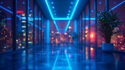 Poster - modern urban corridor with neon lights overlooking cityscape at night