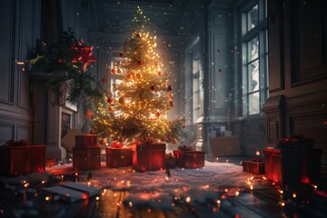 Sticker - A decorated Christmas tree in a room filled with presents, Glowing Christmas tree surrounded by presents