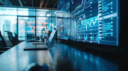 Poster - A group of business professionals in a meeting room, analyzing charts on a large screen that illustrate various asset allocation strategies. This image conveys the collaborative effort in optimizing