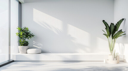 Aufkleber - Sun is shining through window in modern minimalist white room with green plants