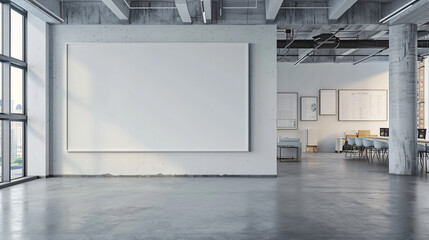 Aufkleber - Contemporary workspace featuring a large empty frame, concrete columns, expansive windows, and urban scenery