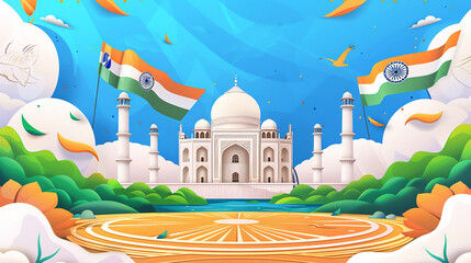 Wall Mural - Beautifully designed Independence Day graphics showcasing iconic Indian landmarks, tricolor flags, and celebratory elements, symbolizing the spirit of patriotism and national pride