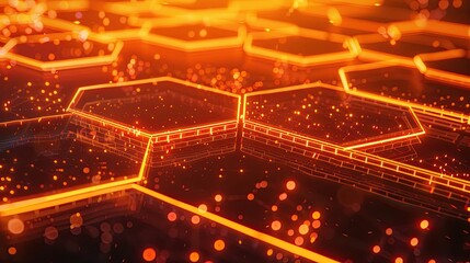 Wall Mural - Abstract Orange Hexagonal Grid with Glowing Lines and Bokeh Lights